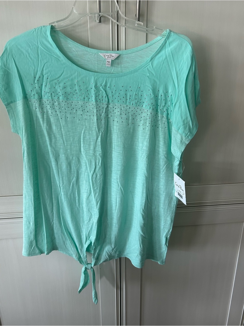 Coral Bay Aqua Tie-Hem Short Sleeve Top with Rhinestones